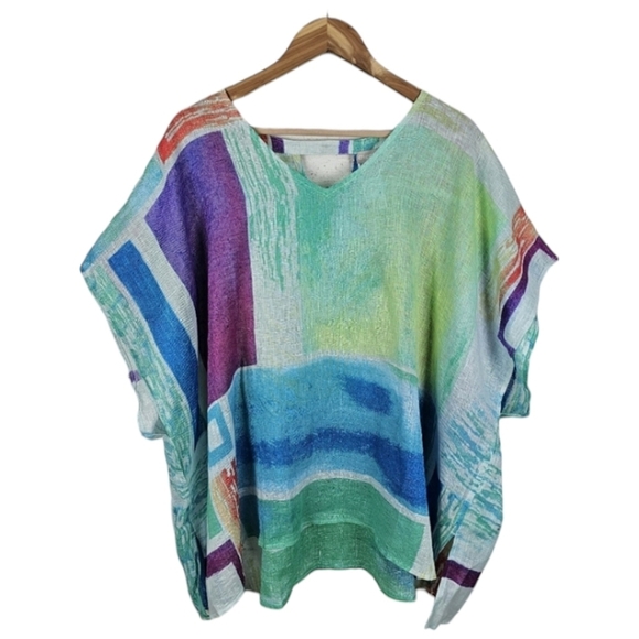 Chico's Abstract Linen Poncho Sz Large XL Watercolor Geometric Breathable NWT - Picture 1 of 15